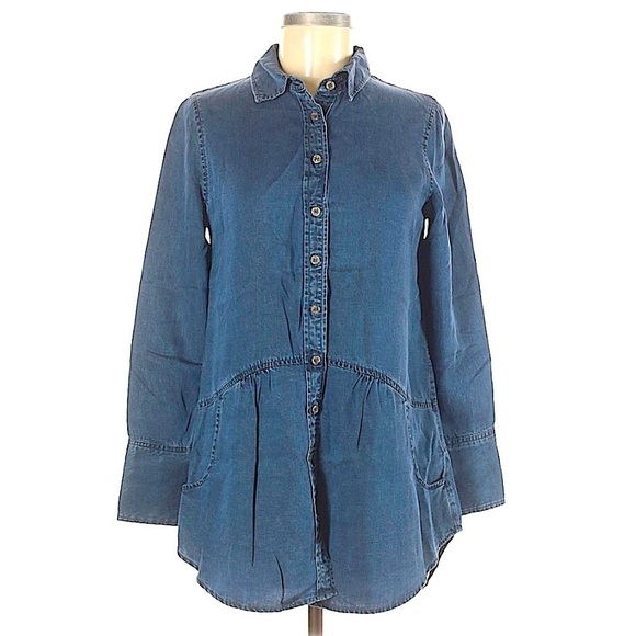SOFT Surroundings Blue Tencel Hi Lo Button Front Tunic Top Size XS - Picture 4 of 9